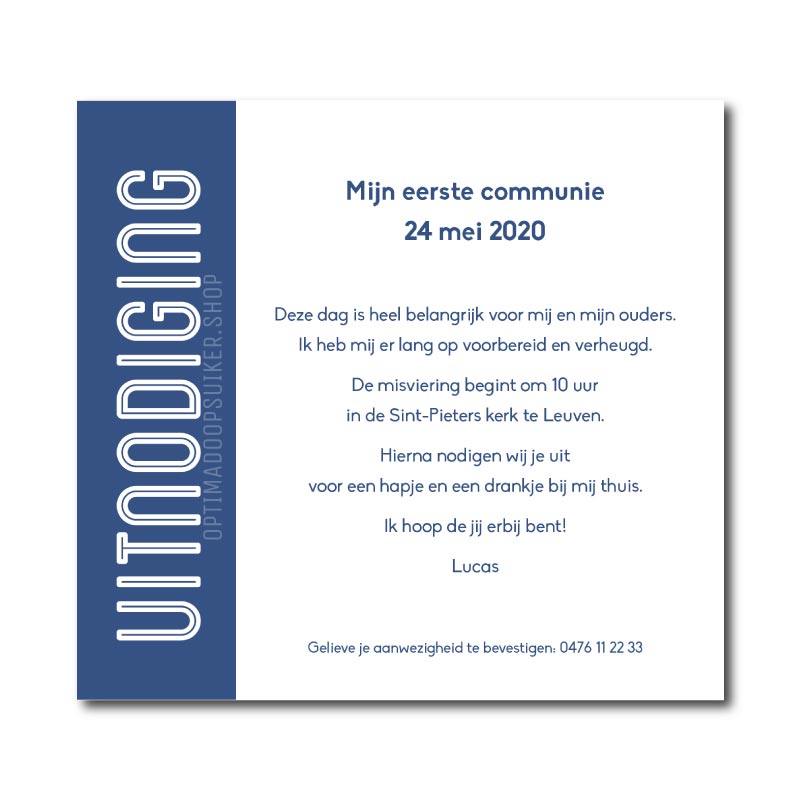 Communie uitnodiging met foto | Lay-out Lucas - OptimaDoopsuiker