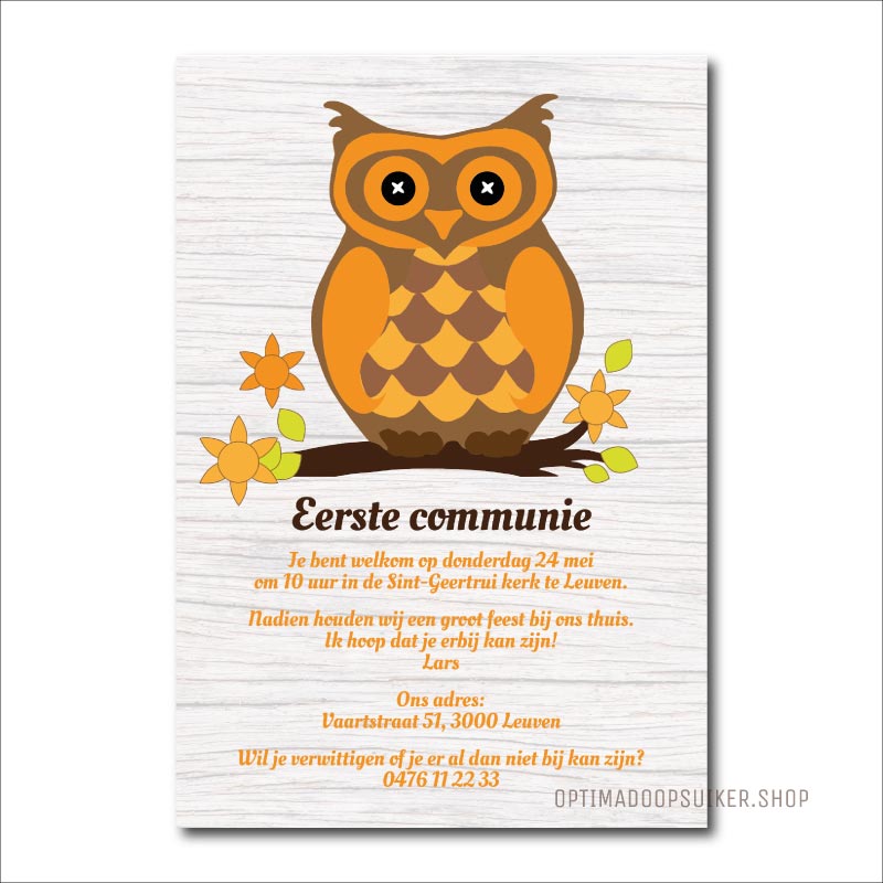 Communie uitnodiging | Oranje uil - OptimaDoopsuiker