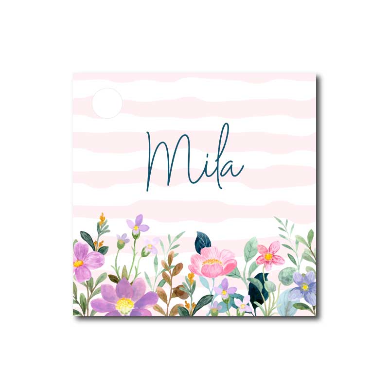 Vierkant label Mila met veldbloemen