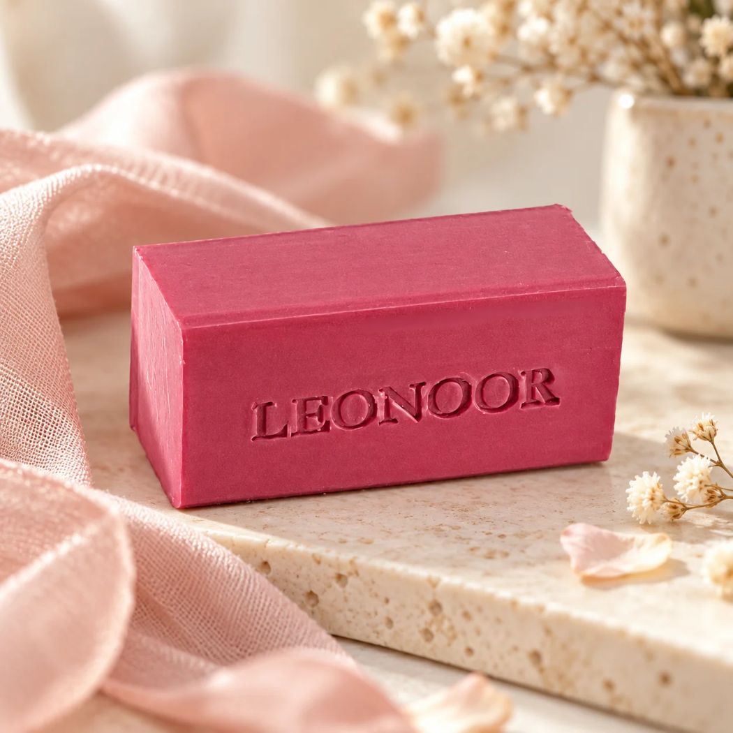 Gepersonaliseerd Baar Classic zeepje met naam in de kleur Bordo in een elegante sfeeropstelling