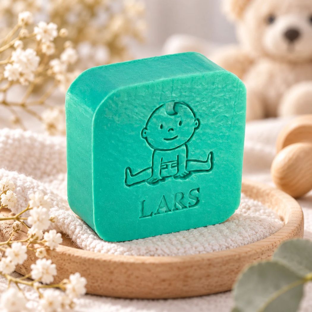 Gepersonaliseerd zeepje met naam in de vorm van een baby in de kleur amber, sfeervol gefotografeerd als geboortebedankje.