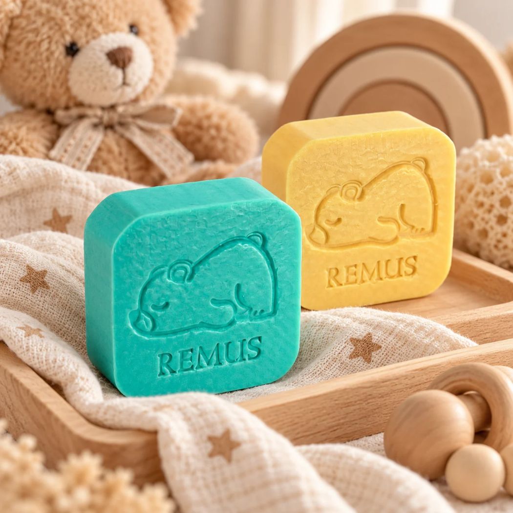 Sfeerfoto van twee gepersonaliseerde zeepjes met slapende beer en naam Remus in de kleuren zeealgen en kamperfoelie, gestyled in een zachte babysetting.