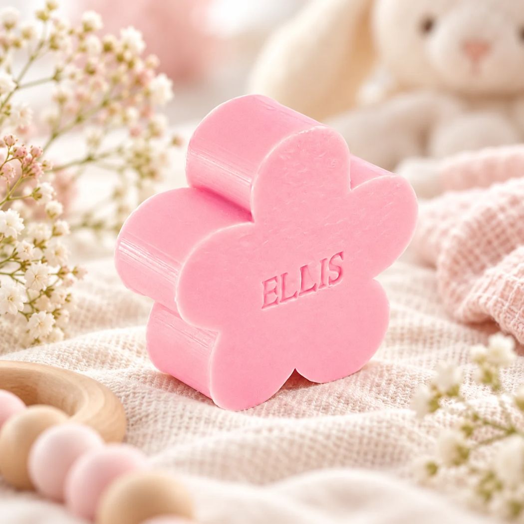 Gepersonaliseerd bloemvormig zeepje met de naam Ellis, in de kleur rozen, sfeervol gepresenteerd met zachte babytextielen, houten speelgoed en bloemen.