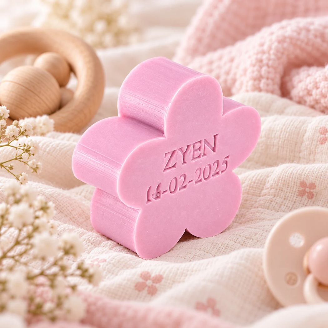 Gepersonaliseerd bloemvormig zeepje met de naam Zyen en datum 14-02-2025, in de kleur violet, sfeervol gepresenteerd met zacht babytextiel, houten speelgoed en subtiele bloemen.