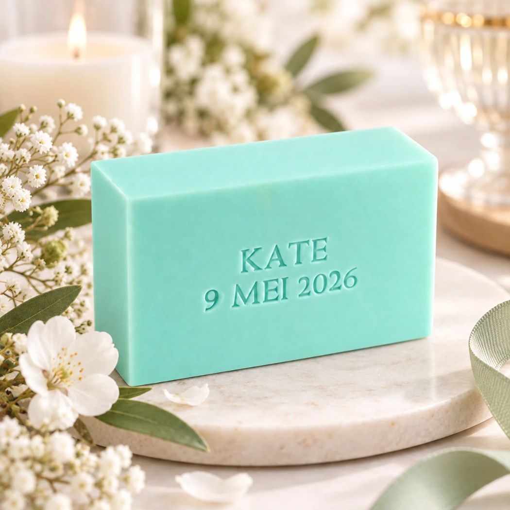 Gepersonaliseerd rechthoekig zeepje met de naam Kate en datum 9 mei 2026, in de kleur muguet, sfeervol gepresenteerd in communie- en lentefeeststijl met witte bloesems en zachte groene accenten.