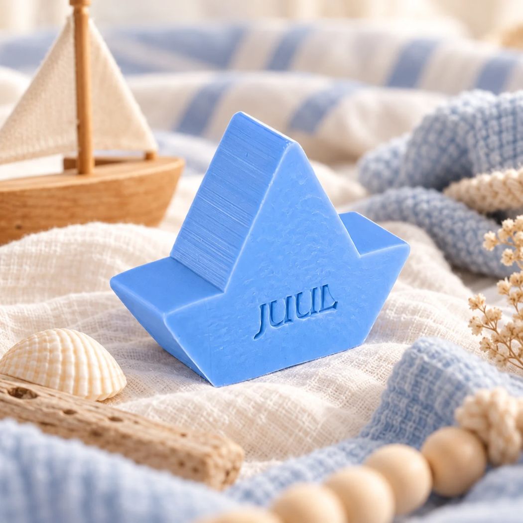 Gepersonaliseerd zeepje in de vorm van een bootje met de naam Juul in kleur Lila, sfeervol gepresenteerd in een maritieme setting met schelp, hout en zachte blauwe stoffen.