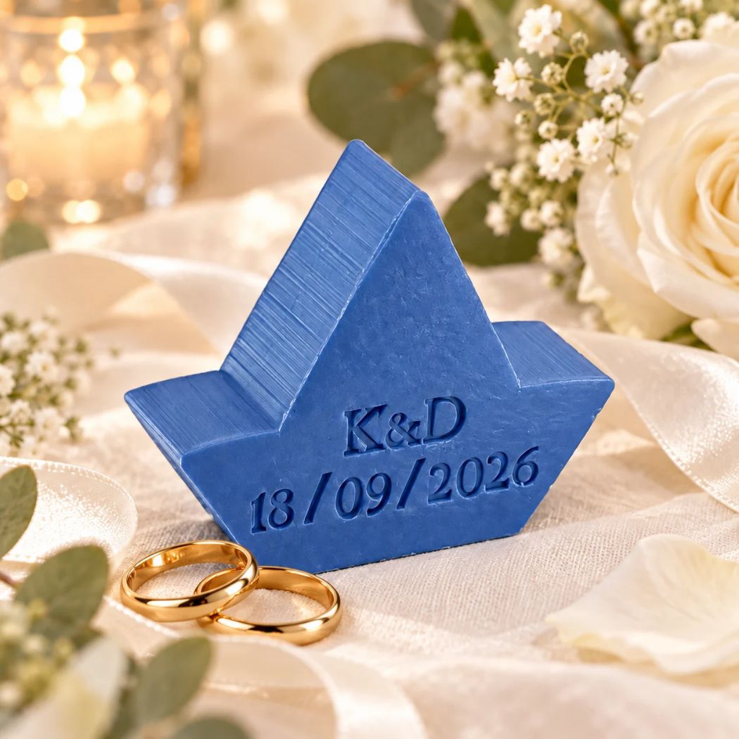 Gepersonaliseerd zeepje in de vorm van een bootje met initialen K&D en trouwdatum 18/09/2026 in de kleur Mure, sfeervol gepresenteerd met witte bloemen en twee gouden trouwringen.