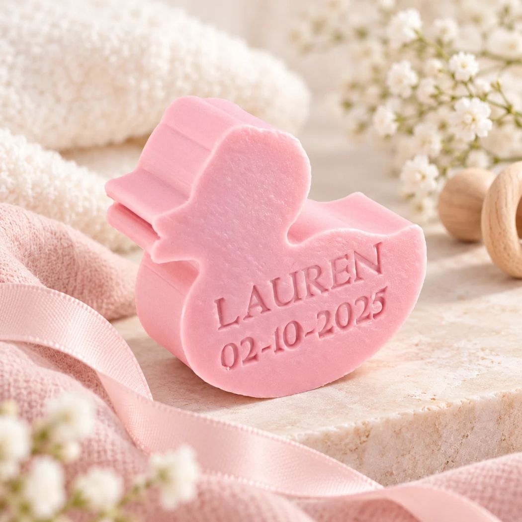 Gepersonaliseerd eendvormig zeepje met de naam Lauren en datum 02-10-2025, in de kleur rozen, sfeervol gepresenteerd met zachte roze textiel, lint en fijne bloempjes