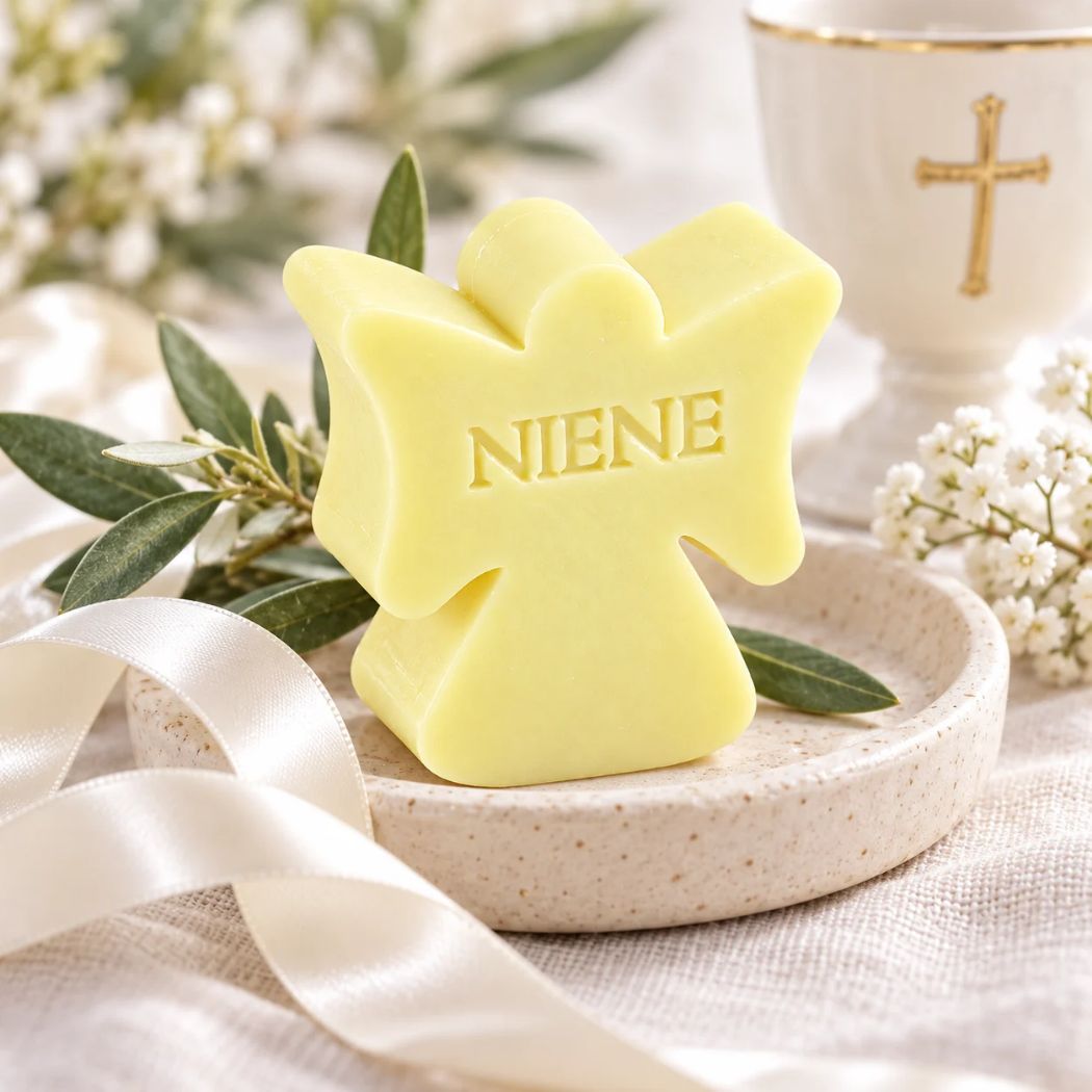 Lichtgeel zeepje in de vorm van een engel met de naam Niene, sfeervol gepresenteerd als communiebedankje met witte accenten, groen blad en een gouden kruis op de achtergrond.