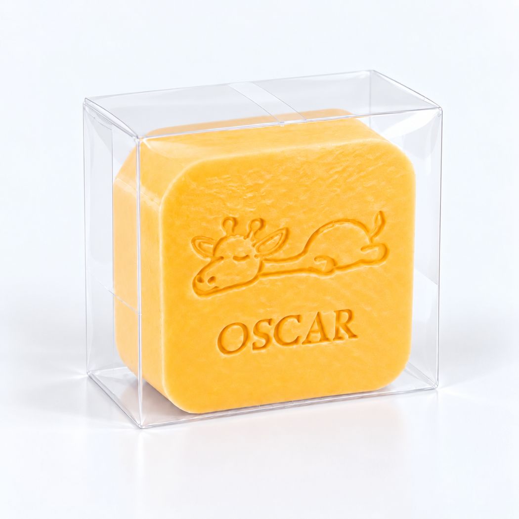 Gepersonaliseerd vierkant zeepje met giraf en de naam Oscar in de kleur kamperfoelie, verpakt in een transparant doosje.