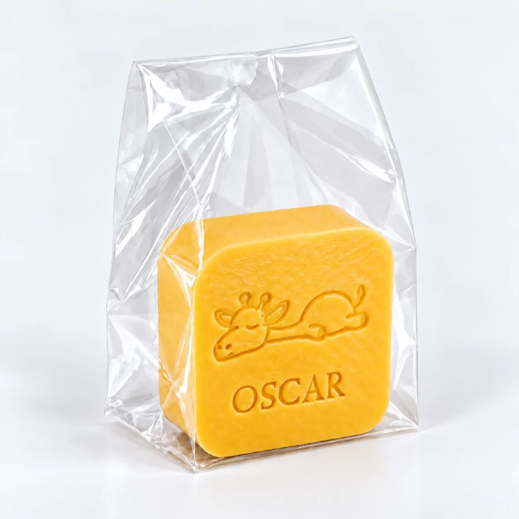 Gepersonaliseerd vierkant zeepje met giraf en de naam Oscar in de kleur kamperfoelie, verpakt in een transparant zakje.