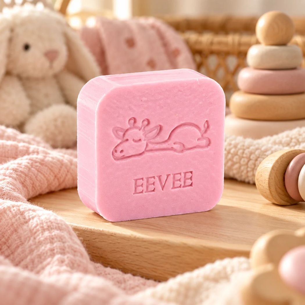 Gepersonaliseerd vierkant zeepje met slapende giraf en de naam Eevee in de kleur Rozen, sfeervol gepresenteerd op een houten ondergrond met zachte stoffen en babyaccessoires.