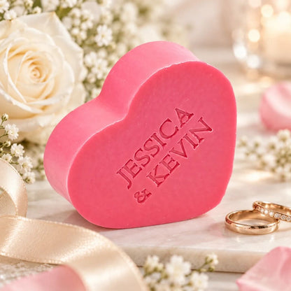 Gepersonaliseerd hartvormig zeepje met de namen Jessica en Kevin in de kleur viking, sfeervol gepresenteerd in huwelijksthema met witte rozen, trouwringen en zachte goudkleurige accenten.