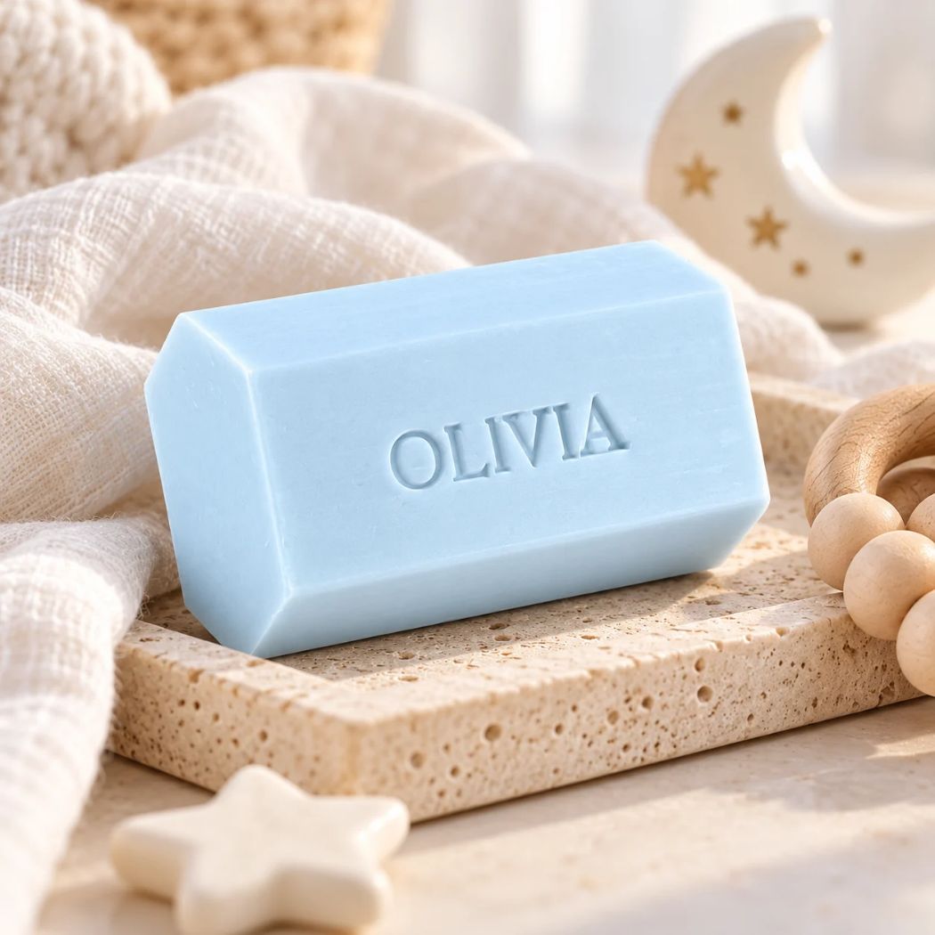 Lichtblauw zeshoekig zeepje met de naam Olivia, sfeervol gepresenteerd op een lichte stenen ondergrond met zachte stoffen en houten maan- en sterdecoratie.
