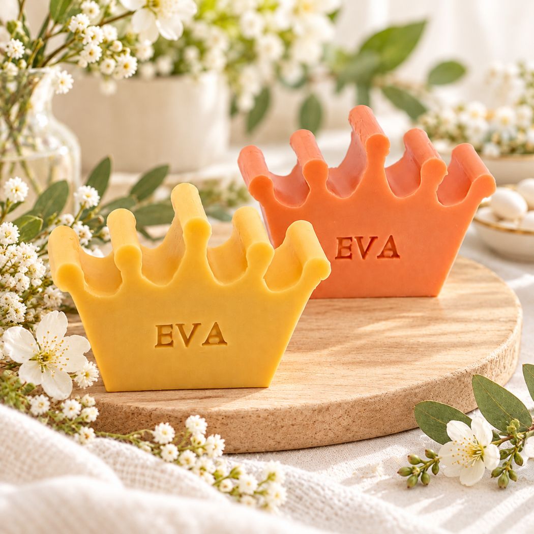 Gepersonaliseerde kroonvormige zeepjes met de naam Eva in de kleuren kamperfoelie en bruce, sfeervol gepresenteerd in een frisse lentefeestsetting met witte bloesems en groene accenten.