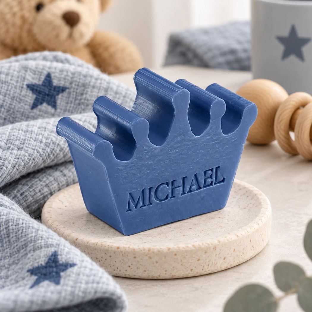 Gepersonaliseerd kroonvormig zeepje met de naam Michael in de kleur mure, sfeervol gepresenteerd in een jongensachtige setting met blauw textiel, sterren en houten accessoires.
