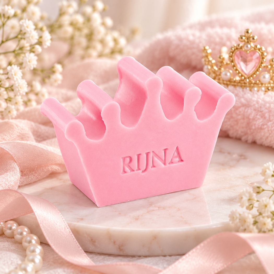 Roze zeepje in de vorm van een kroon met de naam Rijna, in de kleur rozen, sfeervol gepresenteerd met parels, satijnlint en prinsessenaccenten.