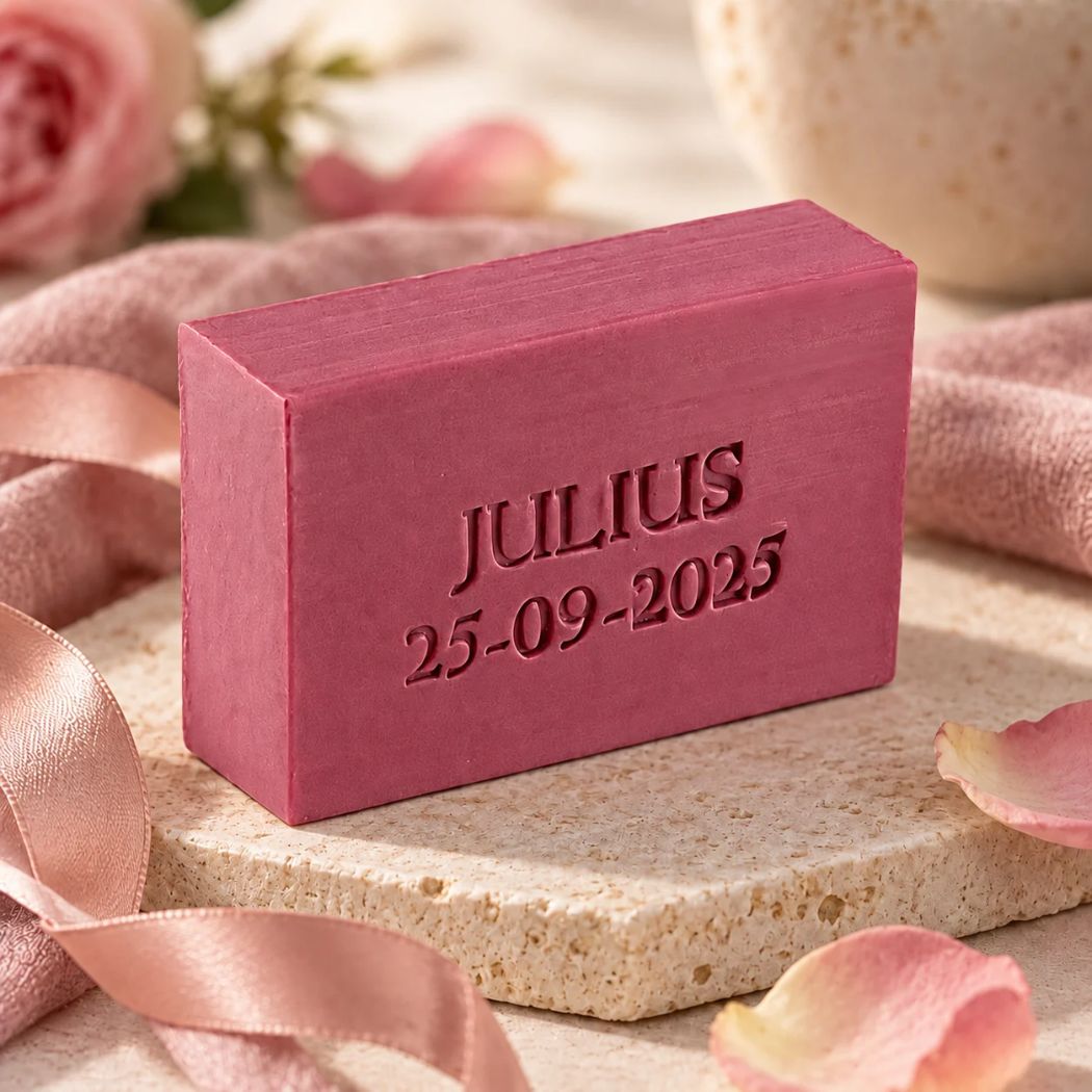 Bordokleurig rechthoekig zeepje, model Mini Retro, met de naam Julius en datum 25-09-2025. Sfeervol gepresenteerd met roze lint en rozenblaadjes.