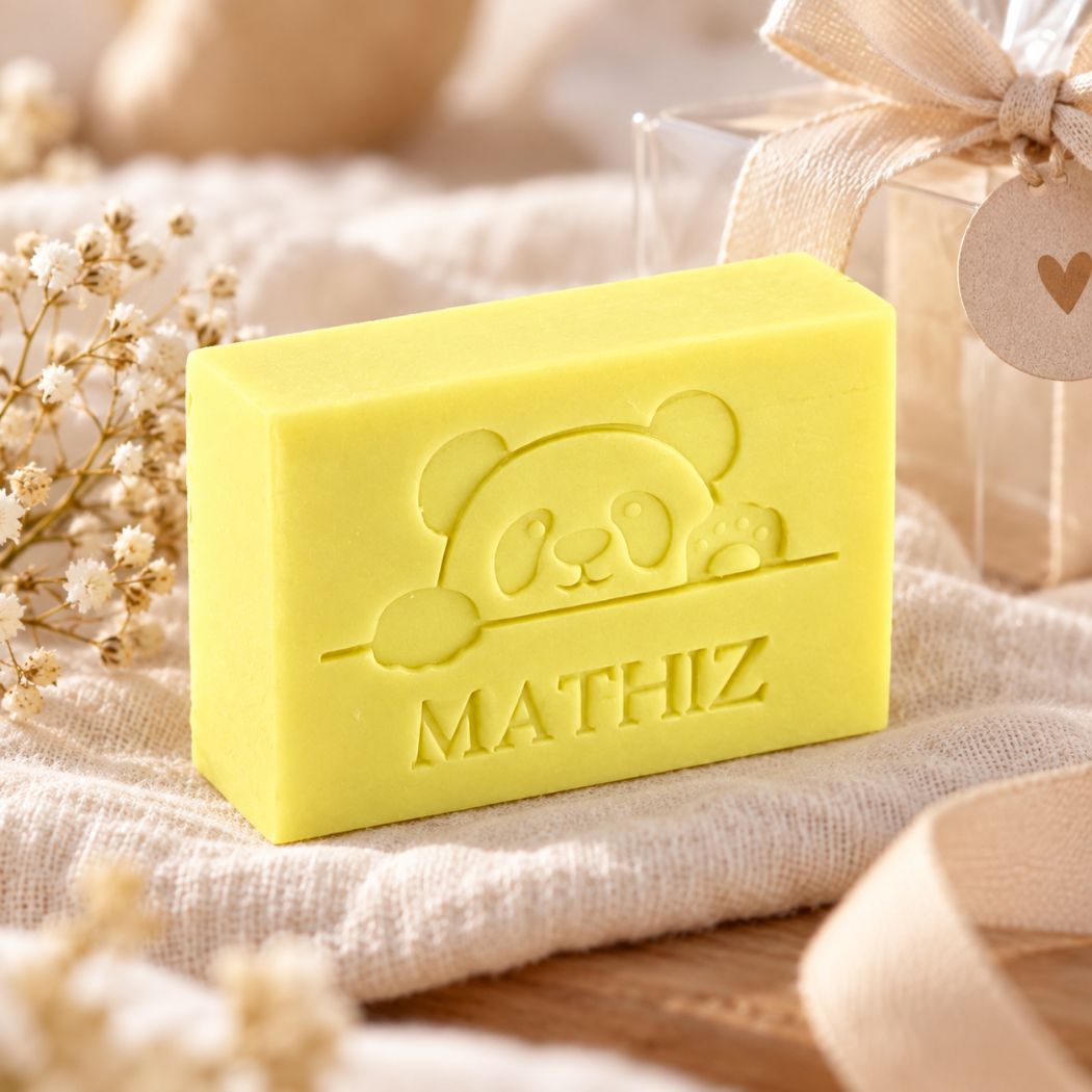 Gepersonaliseerd Mini Retro panda-zeepje met naam in de kleur Linde in een warme sfeeropstelling