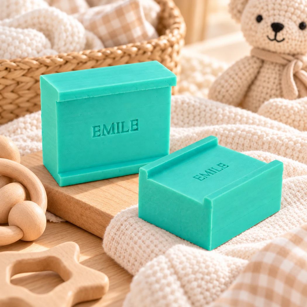 Zeepjes met de naam Emile in kleur zeealgen, sfeervol gepresenteerd met zachte crèmekleurige stoffen, houten babyaccessoires en een teddybeer.