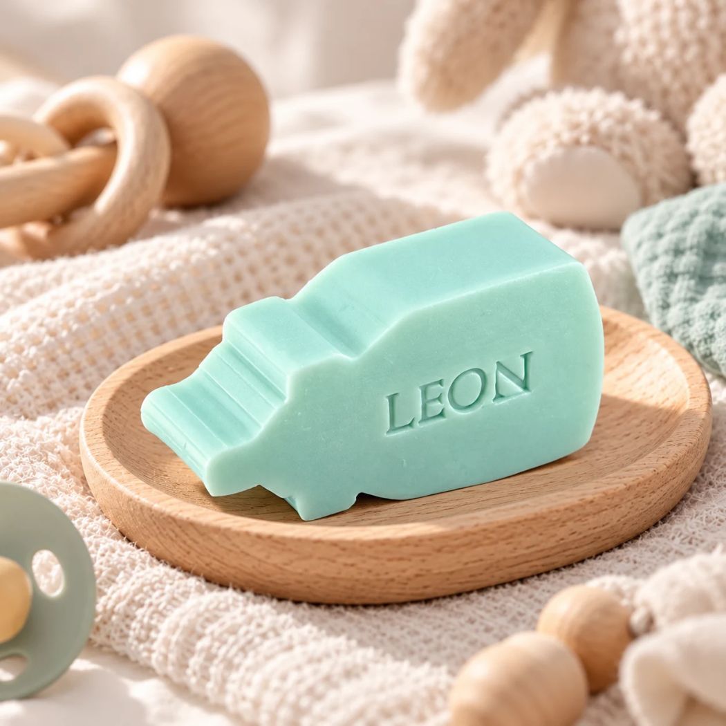 Gepersonaliseerd zeepje in de vorm van een papfles met de naam Leon, in de kleur muguet, sfeervol gepresenteerd met zachte babytextielen, houten speelgoed en muntgroene accenten.