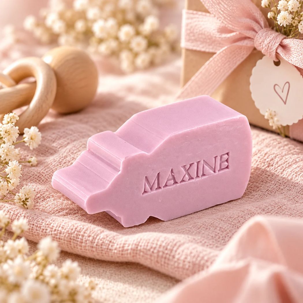 Zeepje in de vorm van een papfles met de naam Maxine in kleur Violet, sfeervol gepresenteerd met roze accenten, droogbloemen en een cadeaudoosje.