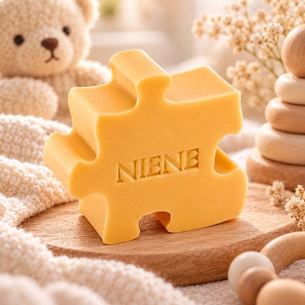 Gepersonaliseerd puzzelzeepje met de naam Niene in kleur Kamperfoelie. Sfeervol gepresenteerd op een houten plankje met zachte stoffen, houten babyaccessoires en een teddybeer op de achtergrond.