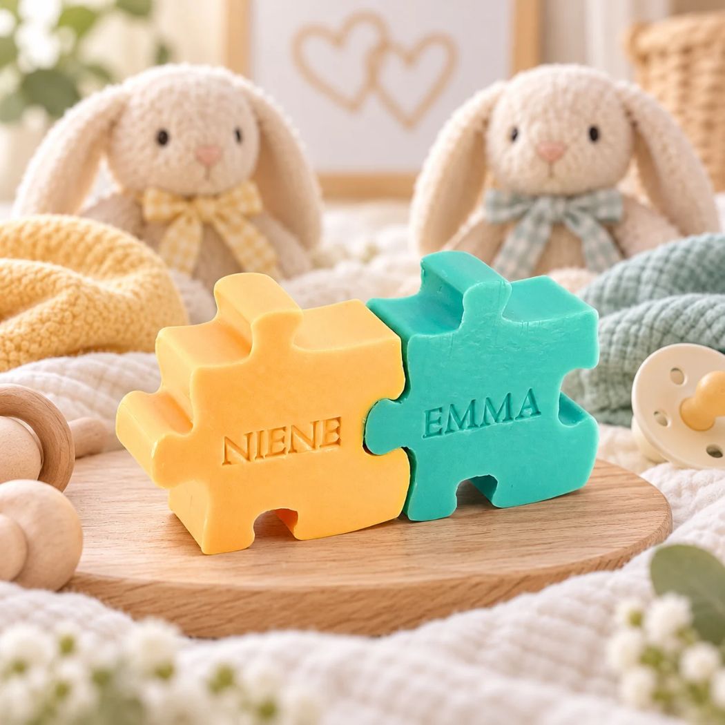 Sfeerfoto van twee gepersonaliseerde zeepjes in de vorm van een puzzelstukje, in de kleuren kamperfoelie en zeealgen, met de namen Niene en Emma, stijlvol gepresenteerd als doopsuiker voor een tweeling.