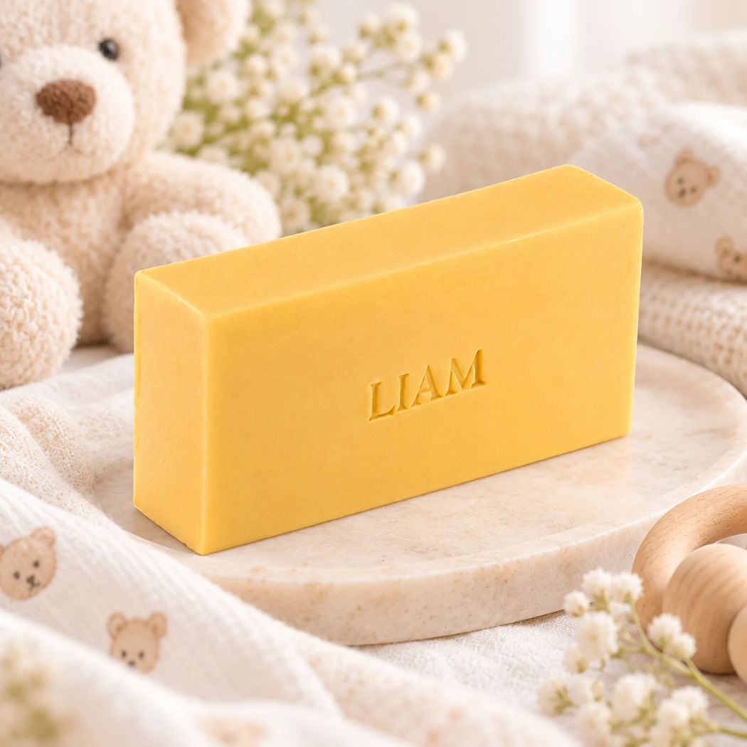 Gepersonaliseerd rechthoekig zeepje met de naam Liam in de kleur kamperfoelie, sfeervol gepresenteerd met zachte babytextielen, teddybeer en houten accessoires.