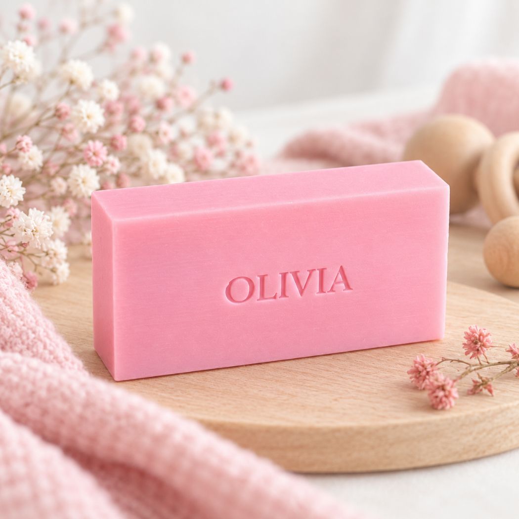 Gepersonaliseerd rechthoekig zeepje met de naam Olivia in de kleur rozen, sfeervol gepresenteerd met roze babytextiel, houten accessoires en zachte bloemen.