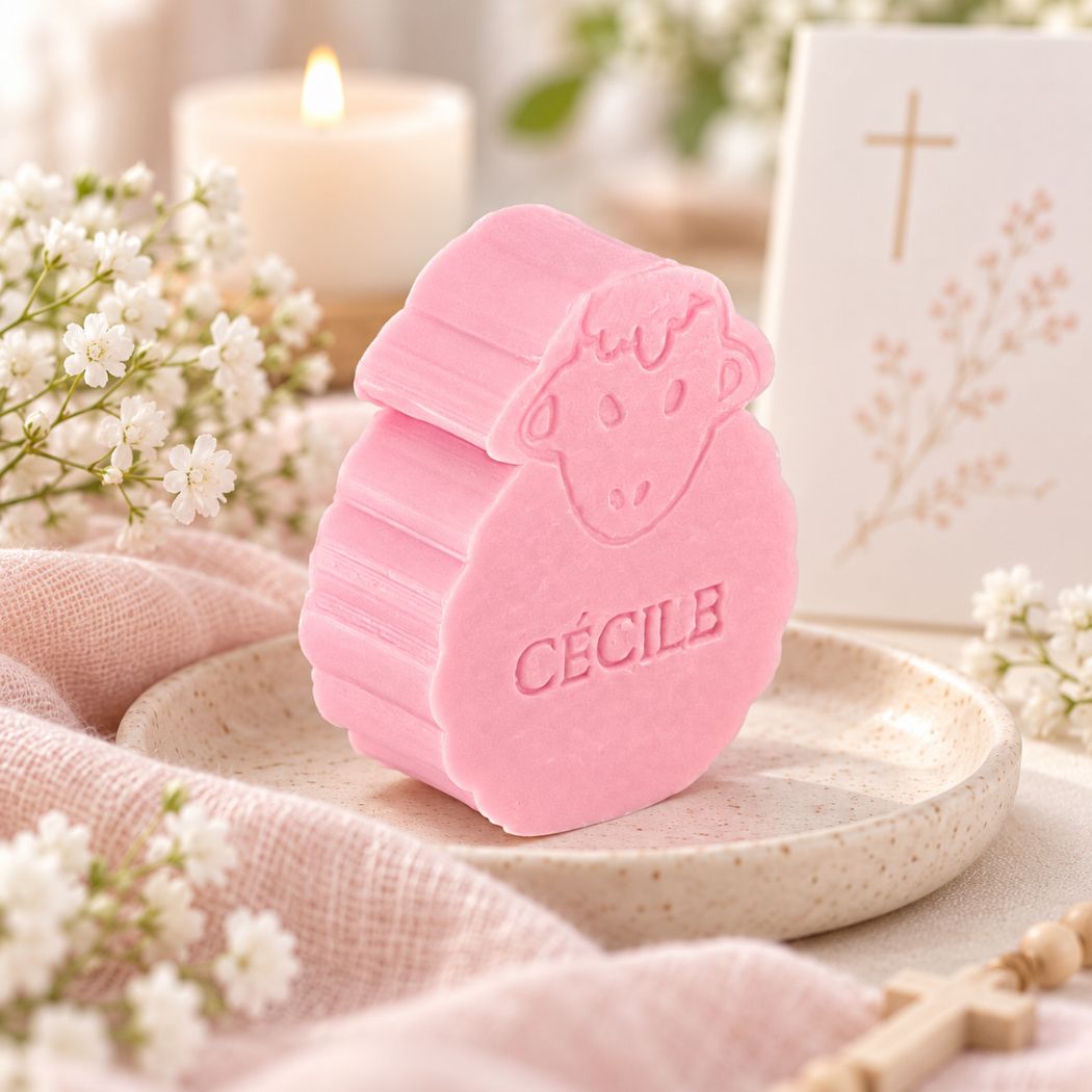 Gepersonaliseerd zeepje in de vorm van een schaap met de naam Cécile, in de kleur rozen, sfeervol gepresenteerd in communiethema met kaars, kruis en zachte witte bloemen.