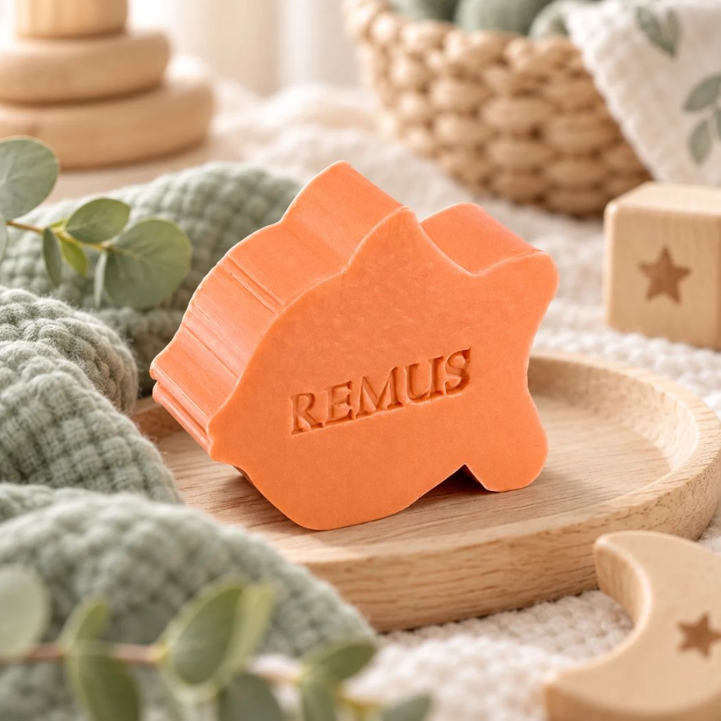 Oranjekleurig zeepje in de vorm van een vis met de naam Remus, sfeervol gepresenteerd op een houten schaaltje met zachtgroene stoffen en houten babyaccessoires.