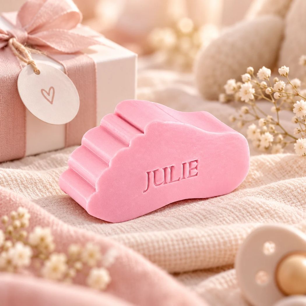 Roze zeepje in de vorm van een voetje met de naam Julie, sfeervol gepresenteerd met roze accenten, droogbloemen en een cadeaudoosje.