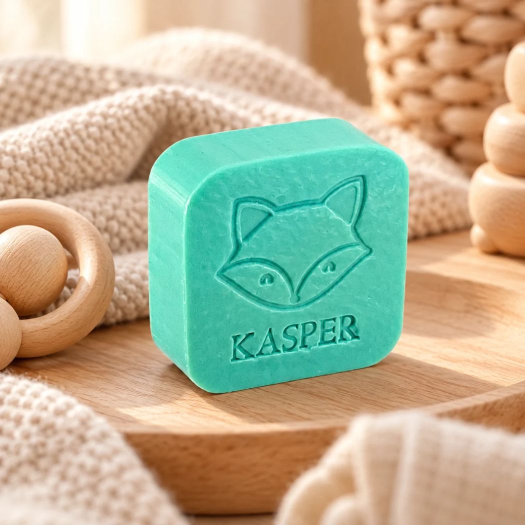 Gepersonaliseerd zeepje met vos en de naam Kasper in kleur Zeealgen, sfeervol gepresenteerd op een houten ondergrond met zachte stoffen en houten babyaccessoires.