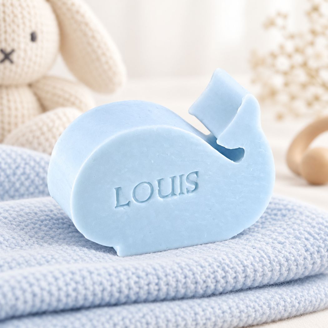 Gepersonaliseerd zeepje met naam in de vorm van een walvis in de kleur Pari in een zachte babyblauwe sfeeropstelling