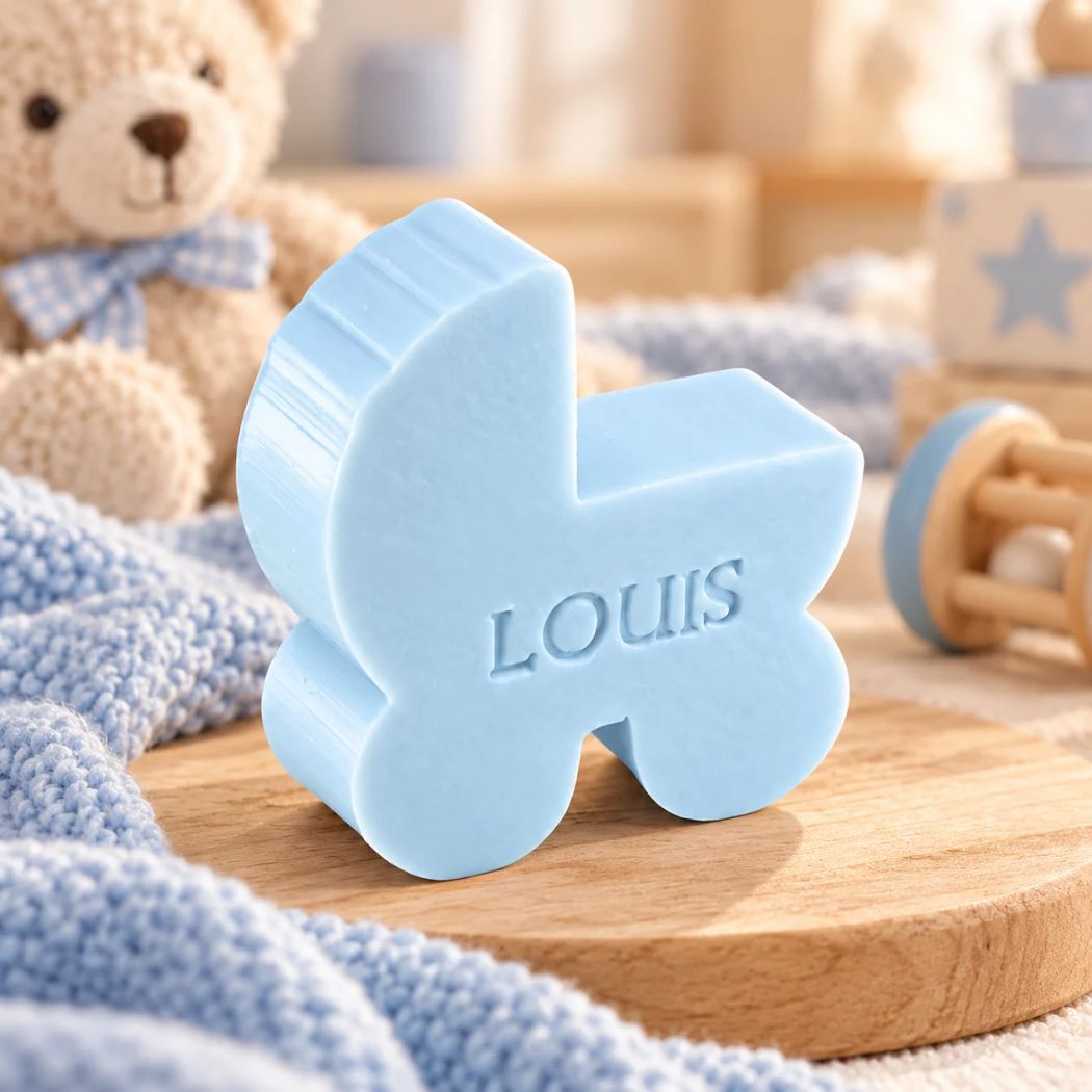 Lichtblauw zeepje in de vorm van een wiegje met de naam Louis, sfeervol gepresenteerd met blauwe gebreide stof, een teddybeer en houten babyaccessoires.