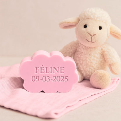 wolkvormig gepersonaliseerd zeepje in babyroze kleur op een roze tetra doek. op de achtergrond en schaapje.