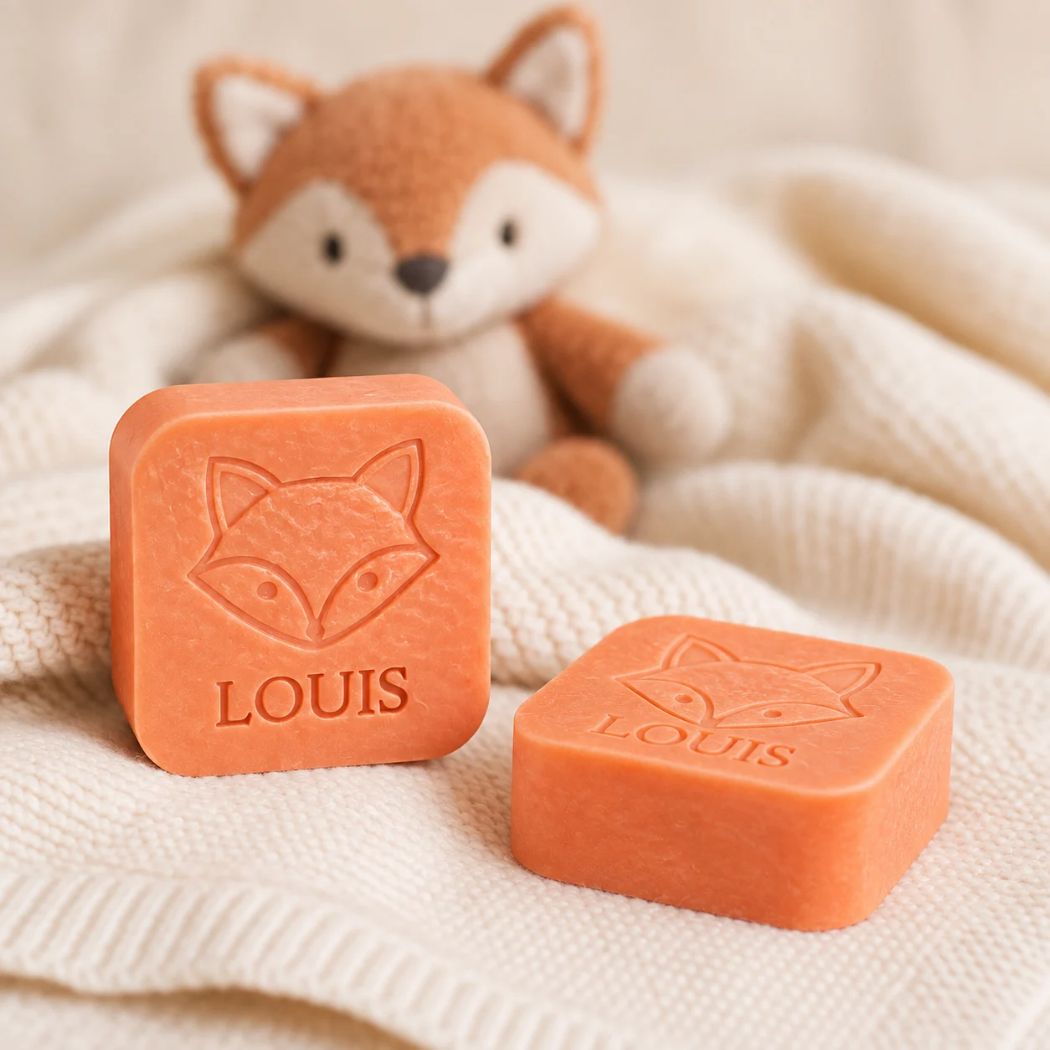 Gepersonaliseerde zeepjes met vos en de naam Louis in de kleur Bruce, sfeervol gepresenteerd met zachte gebreide stof en een vosknuffel op de achtergrond.