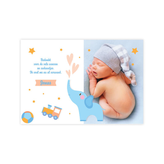 Bedankkaartje geboorte met foto en blauwe olifant - OptimaDoopsuiker