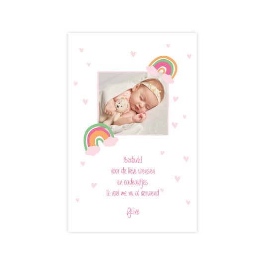 Bedankkaartje geboorte met foto en roze hartjes - OptimaDoopsuiker