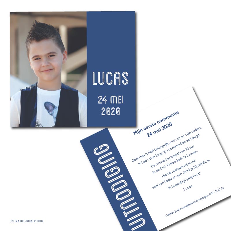 Communie uitnodiging met foto | Lay-out Lucas - OptimaDoopsuiker