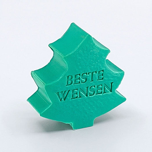 Gepersonaliseerd zeepje met naam in de vorm van een kerstboom in de kleur Amber